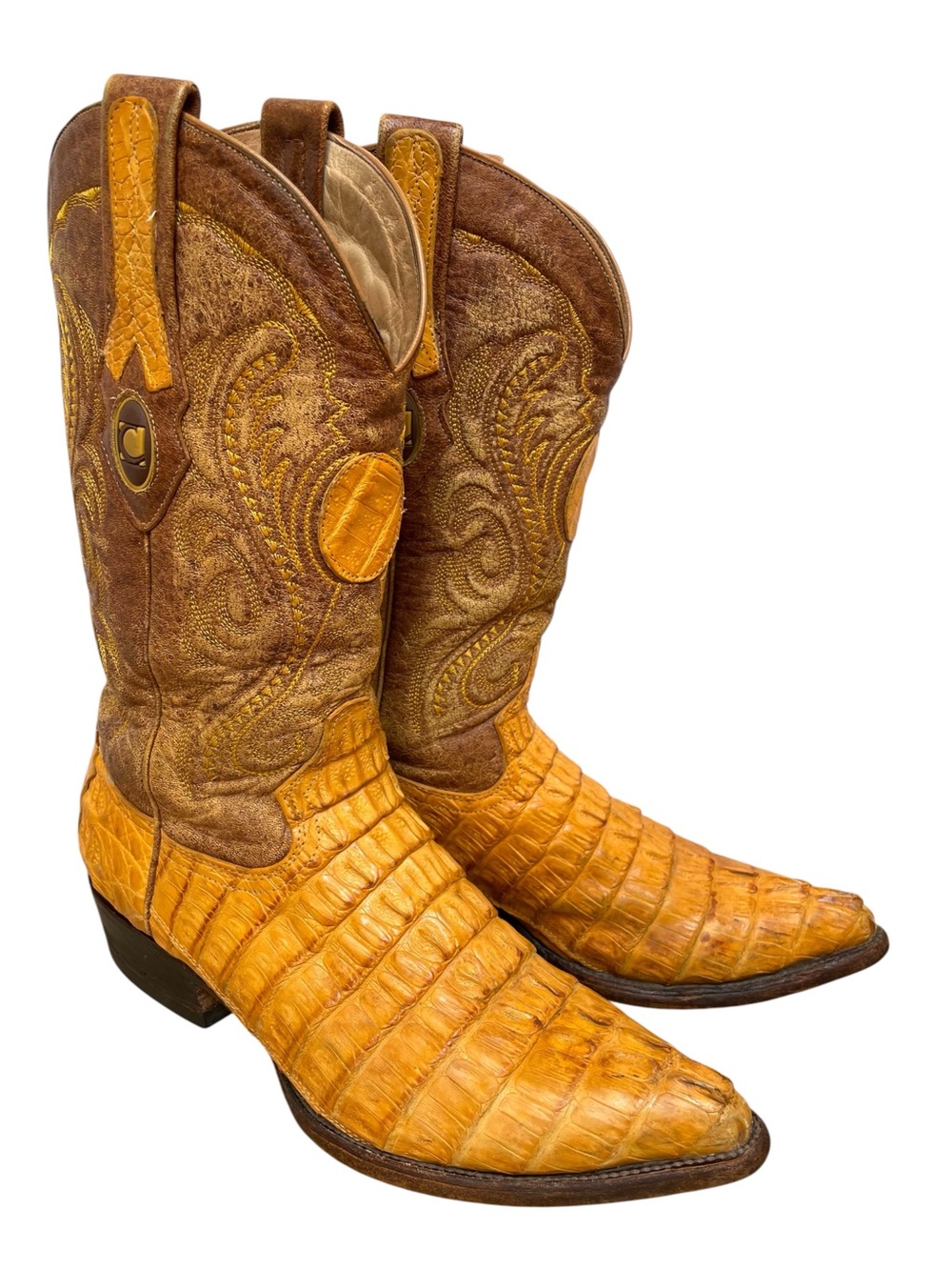 VTG Cuadra Caiman Leather Western Cowboy Boots Honey Hornback J Snip Toe Mens 9